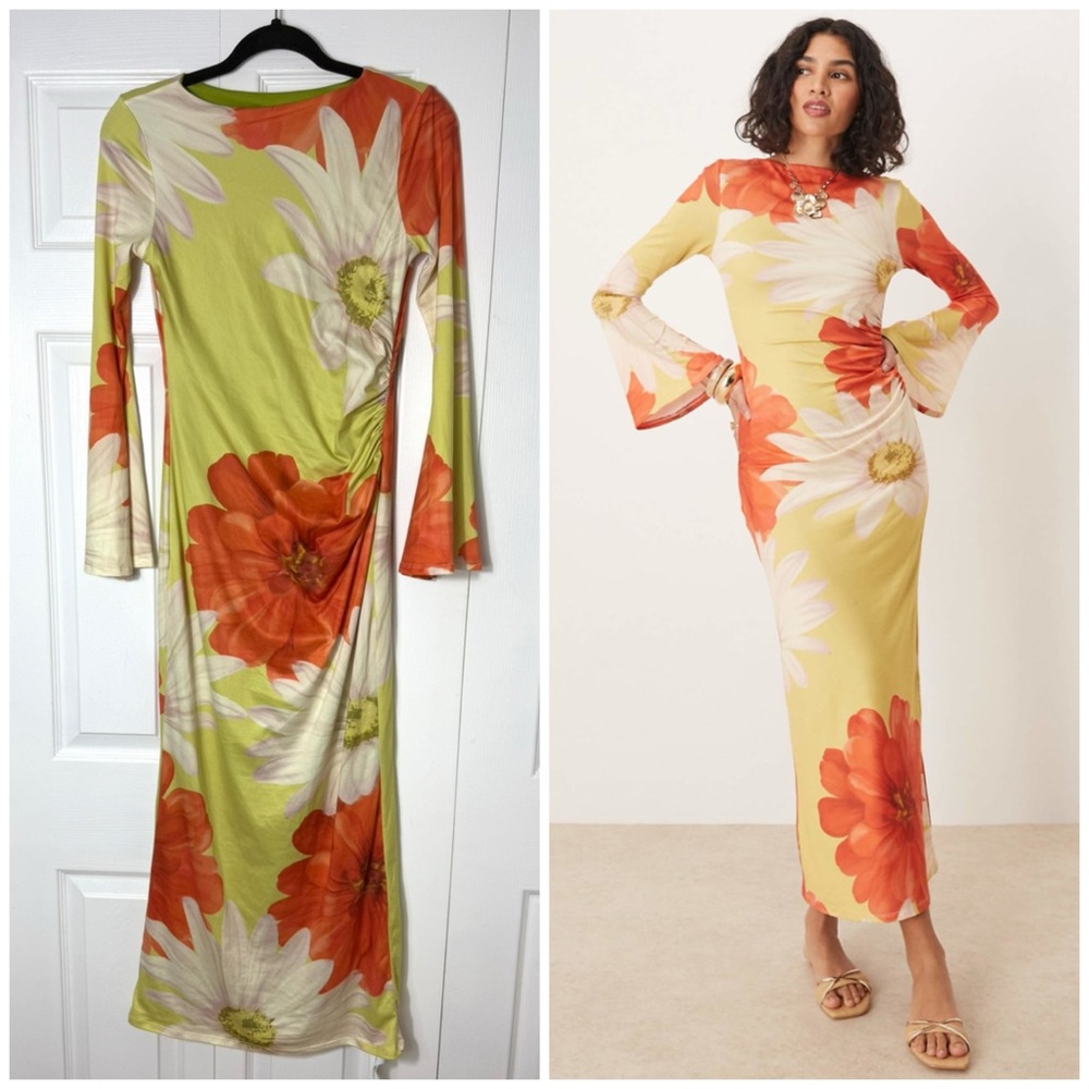 ASOS Yellow Floral Angel Sleeve Midaxi Bodycon Dress Size Small 4/6